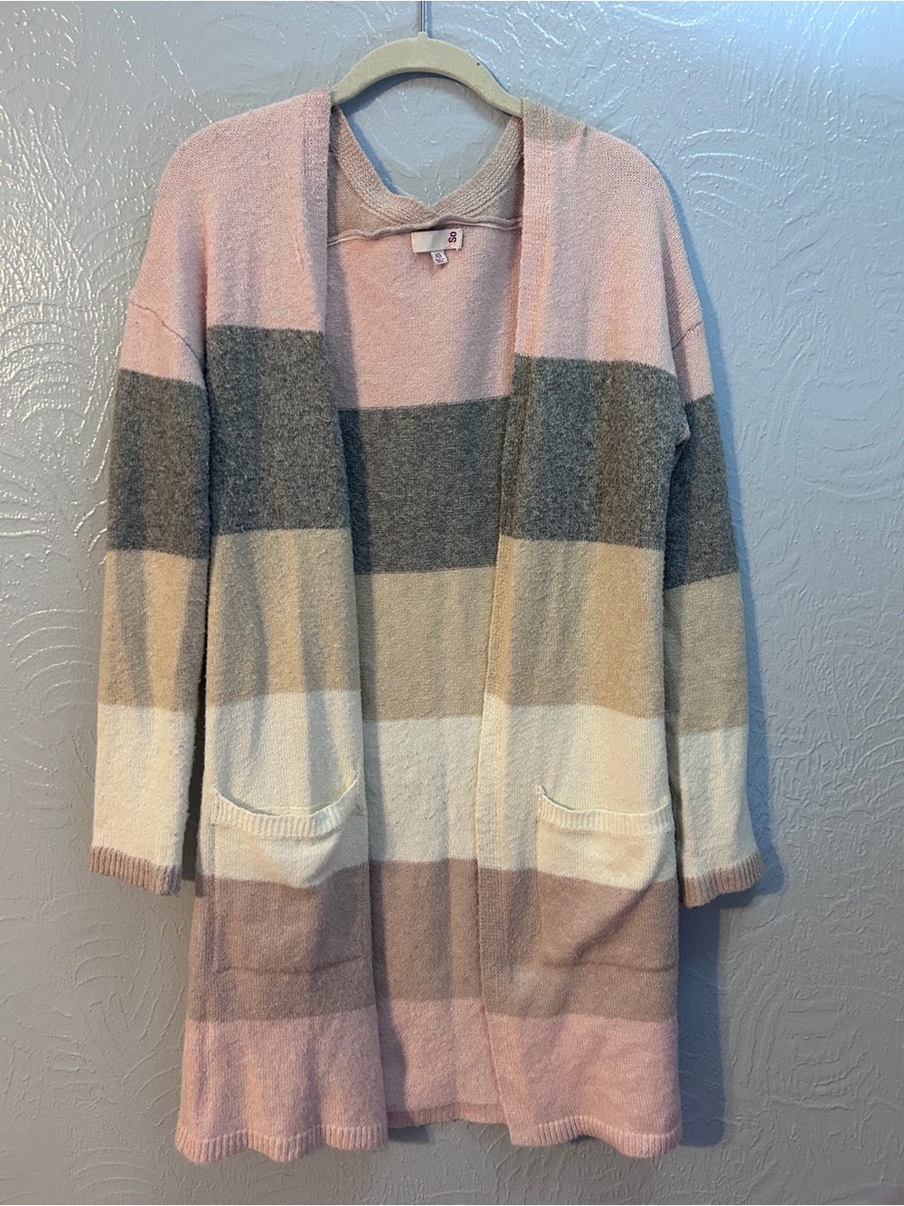SO Women's Striped Open-Front Cardigan - Pink, Gray, Cream, Tan